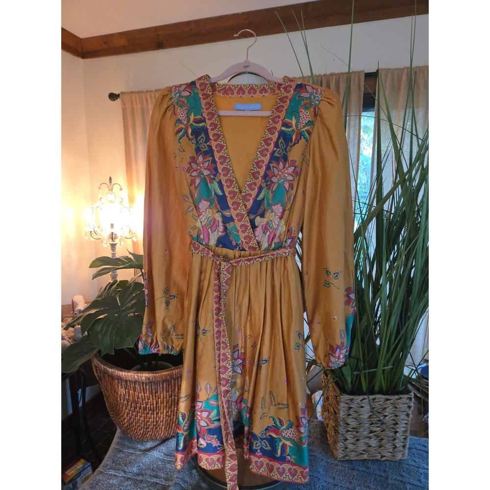 ANTONIO MELANI - Mustard Yellow Floral Paisley Wrap Mini Dress Long Sleeve 4